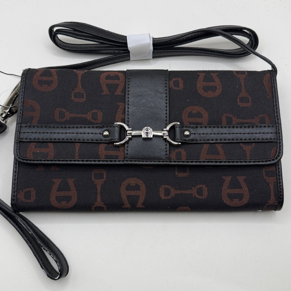 NWT Vtg Etienne Aigner Crossbody Convertible Clutch Wristlet Purse Brown Black - Picture 2 of 16